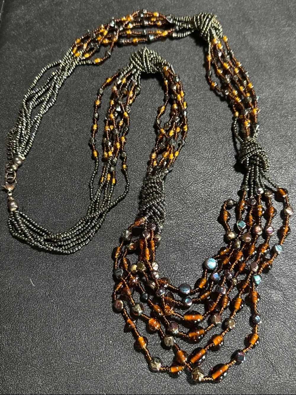 Multi-Strand Torsade Style Glass Brown, Amber & Iridescent Bead Necklace